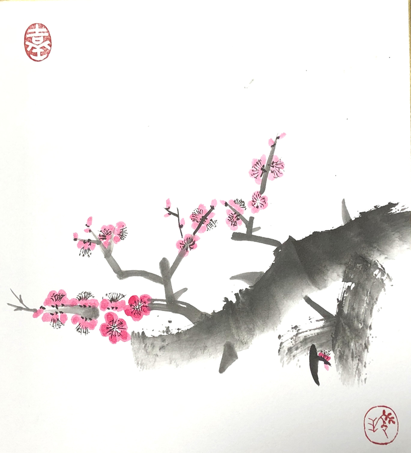 毎回色紙、葉書に仕上げます 季節の花を墨絵で描く