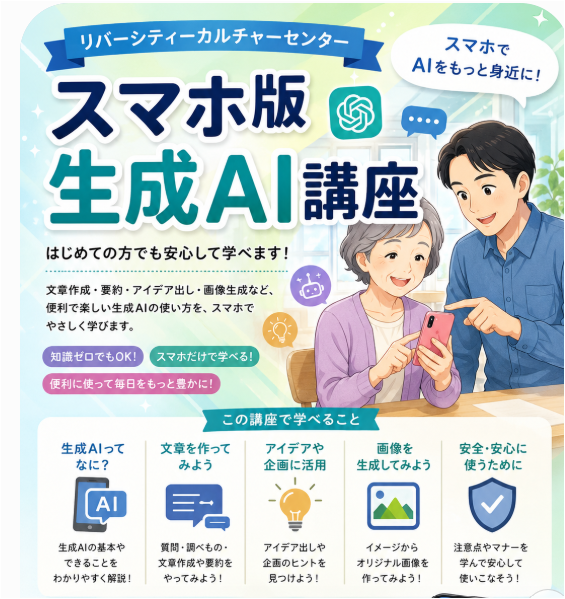 話題のAIをスマホで体験しよう スマホ版生成AI講座(全3回) 秋の新講座 10/9(金)スタート