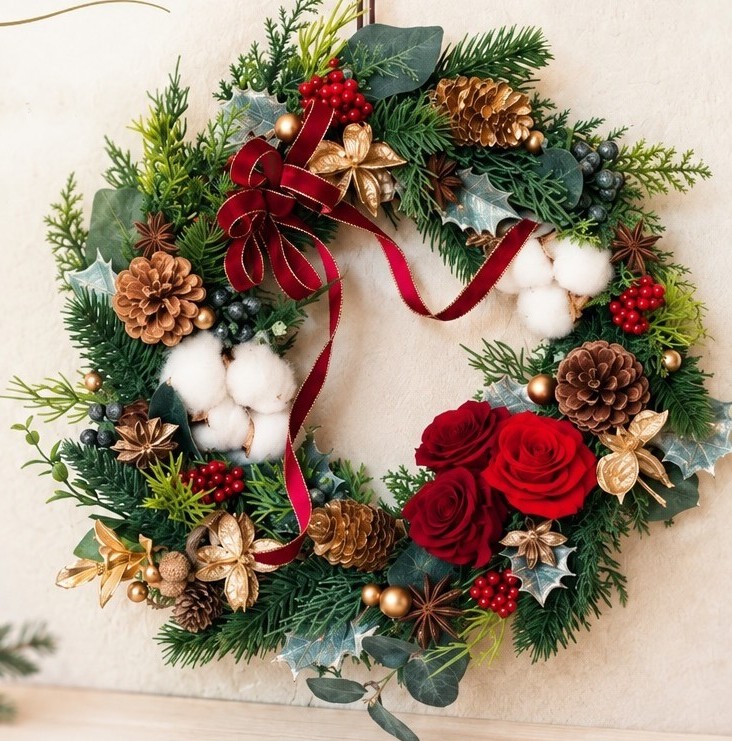 季節の花で作る全3回 プリザーブドアートフラワー講座 クリスマスリース作り編(1回でも可能です)